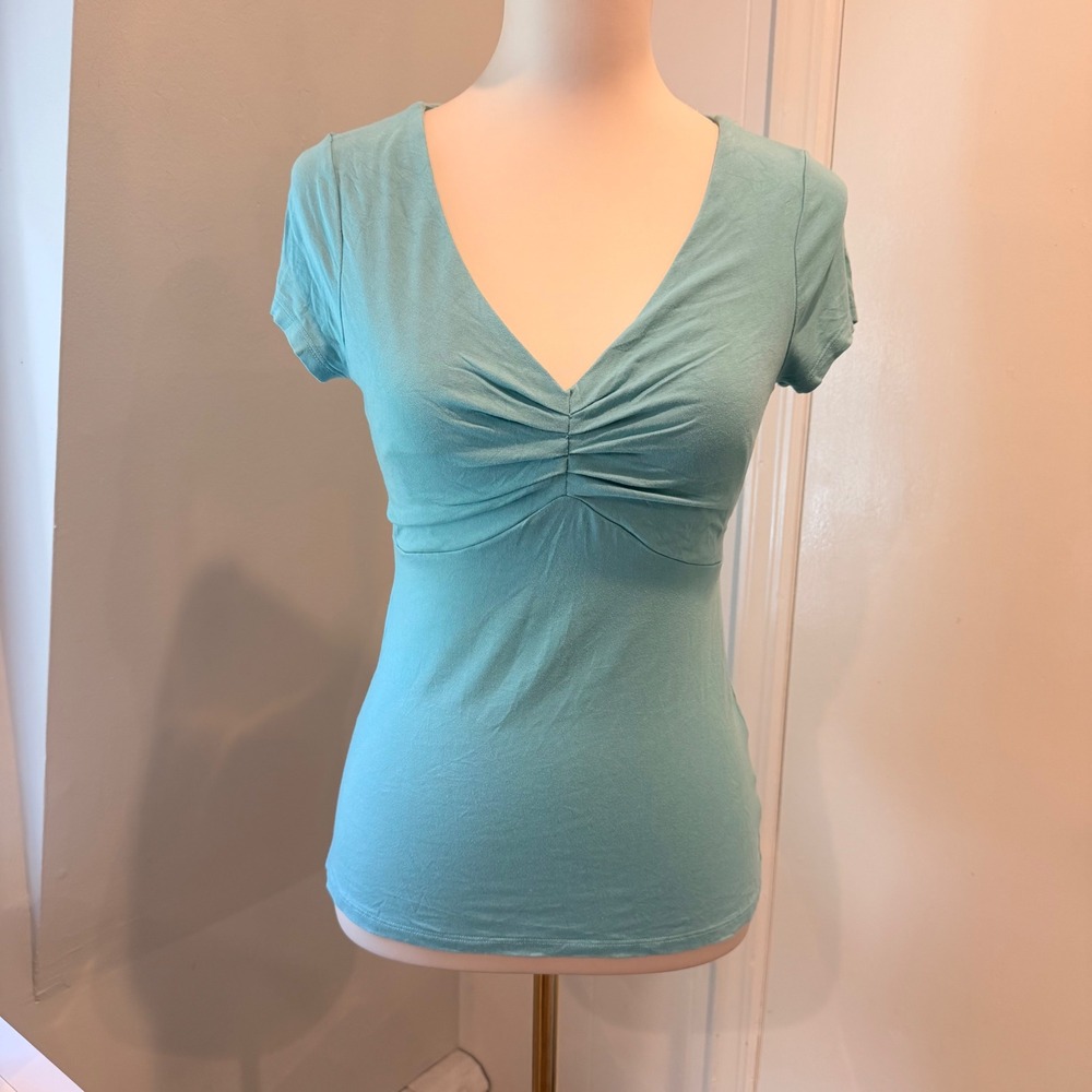 Boden Teal Ruched V-Neck Short Sleeve Top Cinched Jersey Tee WL862 | Size 6